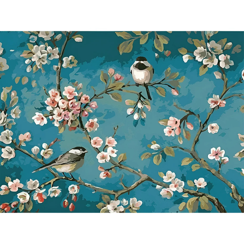 DIY digital oil painting kit showing blue flowers and birds abstract design on 40x50cm linen canvas