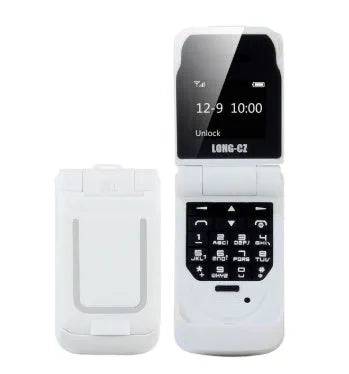 Mini flip phone in six colours with a flip cover and small screen.