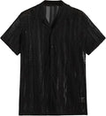 Men's black knitted short-sleeved button shirt with jacquard texture and regular fit