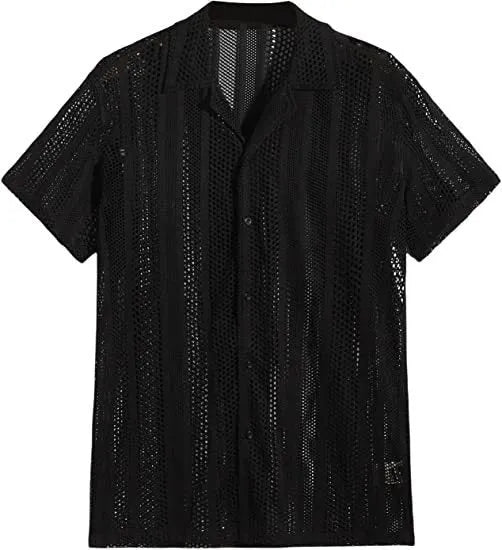 Men's black knitted short-sleeved button shirt with jacquard texture and regular fit