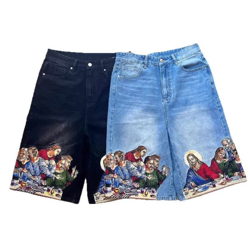 Men's blue cotton tapered shorts with Jesus printed back pocket detail