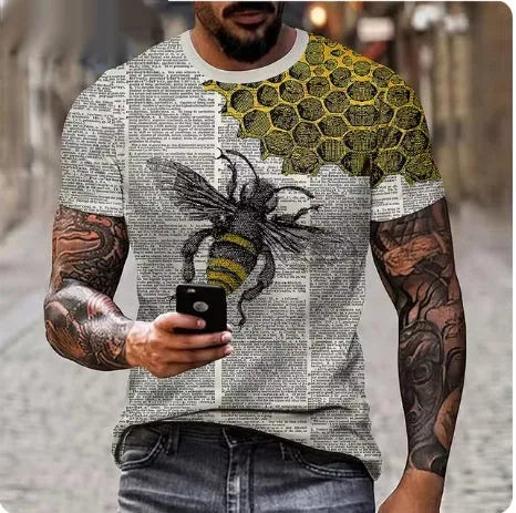 Men's grey T-shirt with raised 3D lion design print on chest, showing dimensional animal graphic