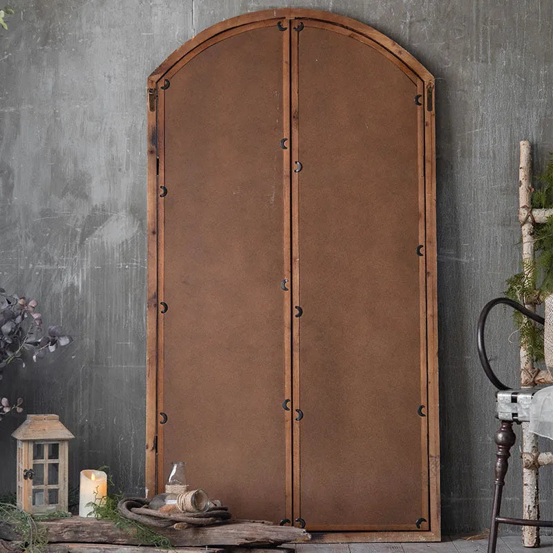 Terrace style distressed fake window wall mirror with wooden frame and glass panel in log colour
