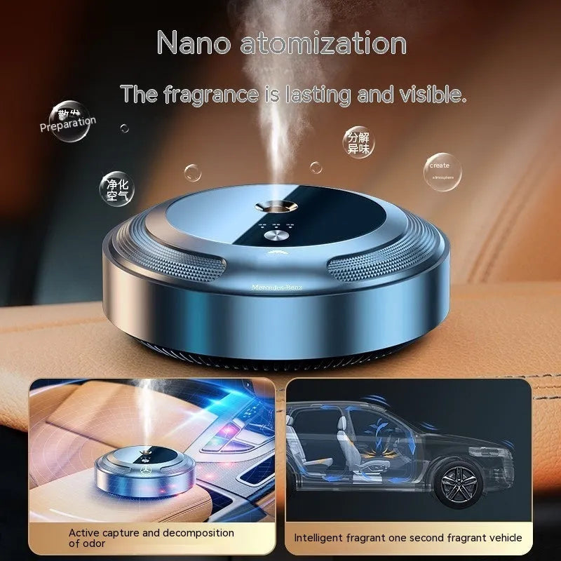 Compact car air freshener diffuser with automatic spray function and zinc alloy shell
