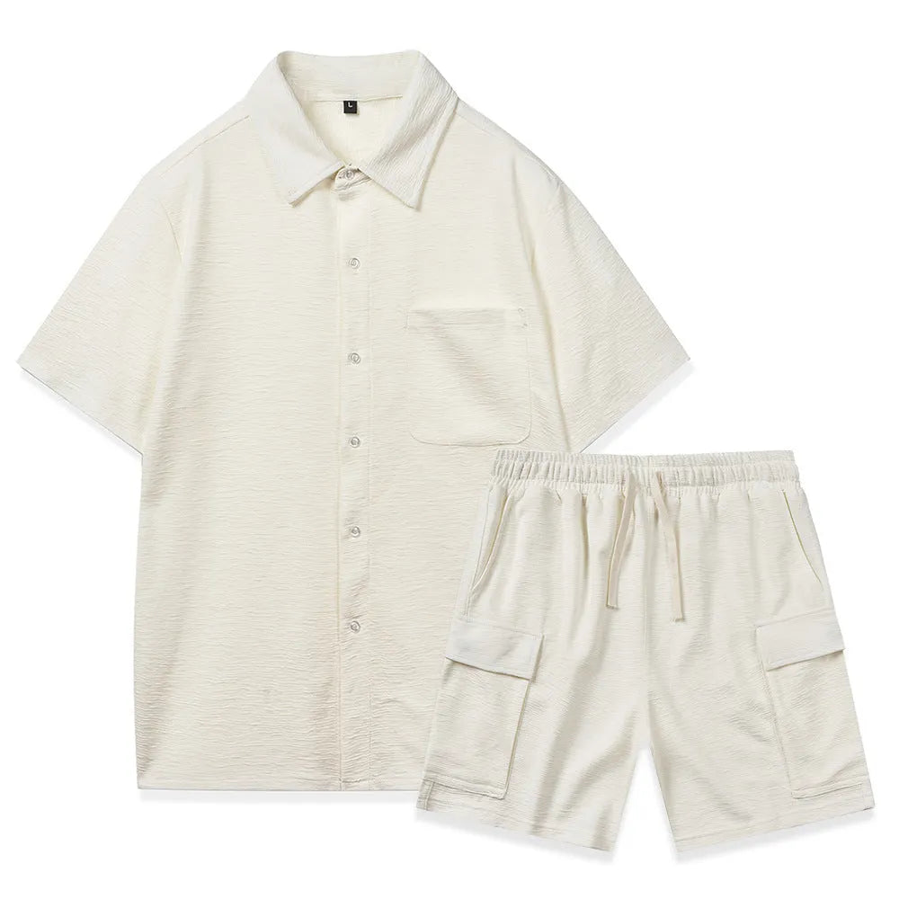 Women's beige elastic waist shorts and short sleeve top two-piece casual set laid flat.