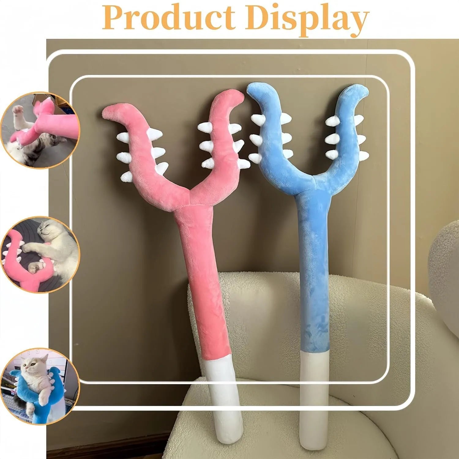 Blue or pink plush cat wand toy measuring 70cm long for interactive pet play