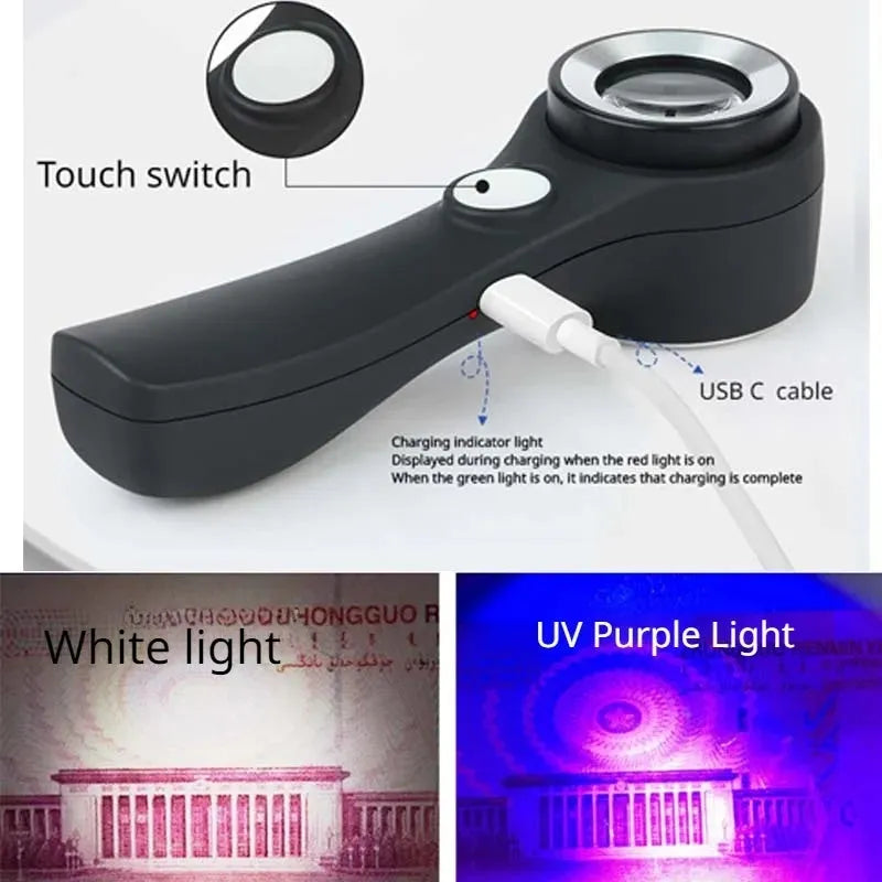 Black and silver metal 30x magnification appraisal magnifying glass with optical glass lens and USB C cable.