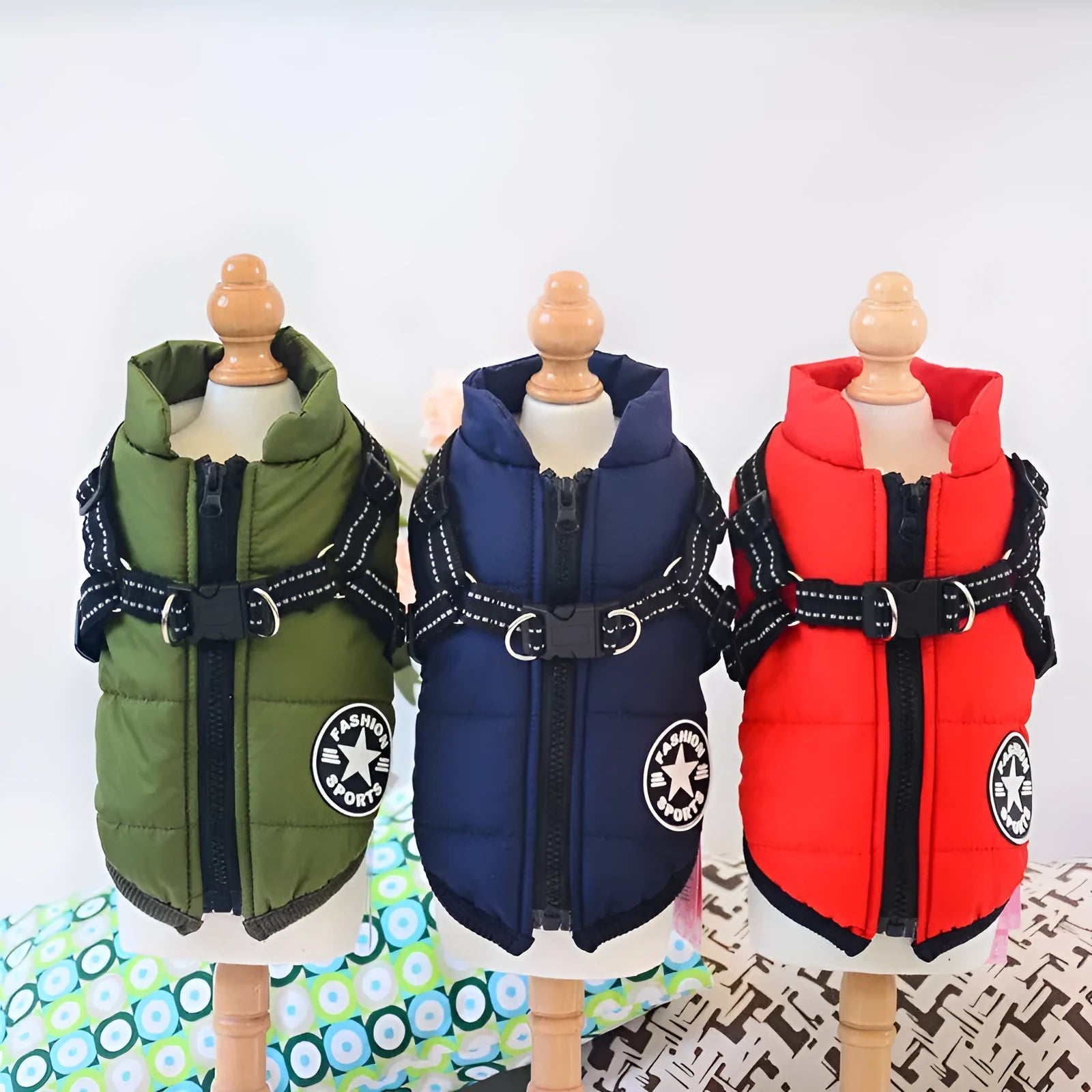 Waterproof dog coat with integrated harness in rain silk fabric, available in multiple sizes and colours