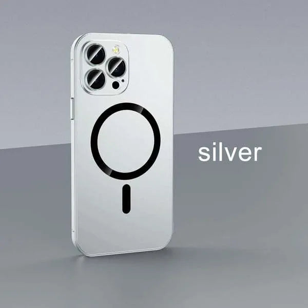 Aluminium alloy frame magnetic snap-on protective case for iPhone in five colour options.