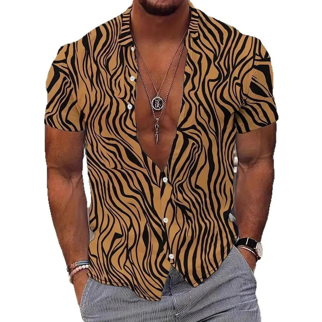 Men's slim fit geometric line print short sleeve lapel shirt in polyester on a mannequin.