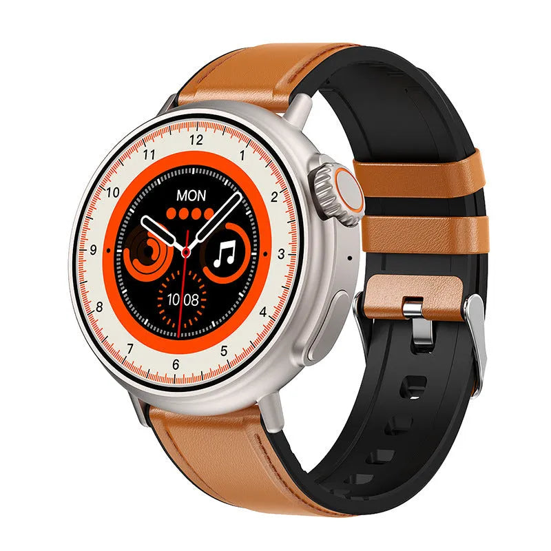 Black K9 smart watch with round screen on a silicone strap, showing a watch face with health metrics.