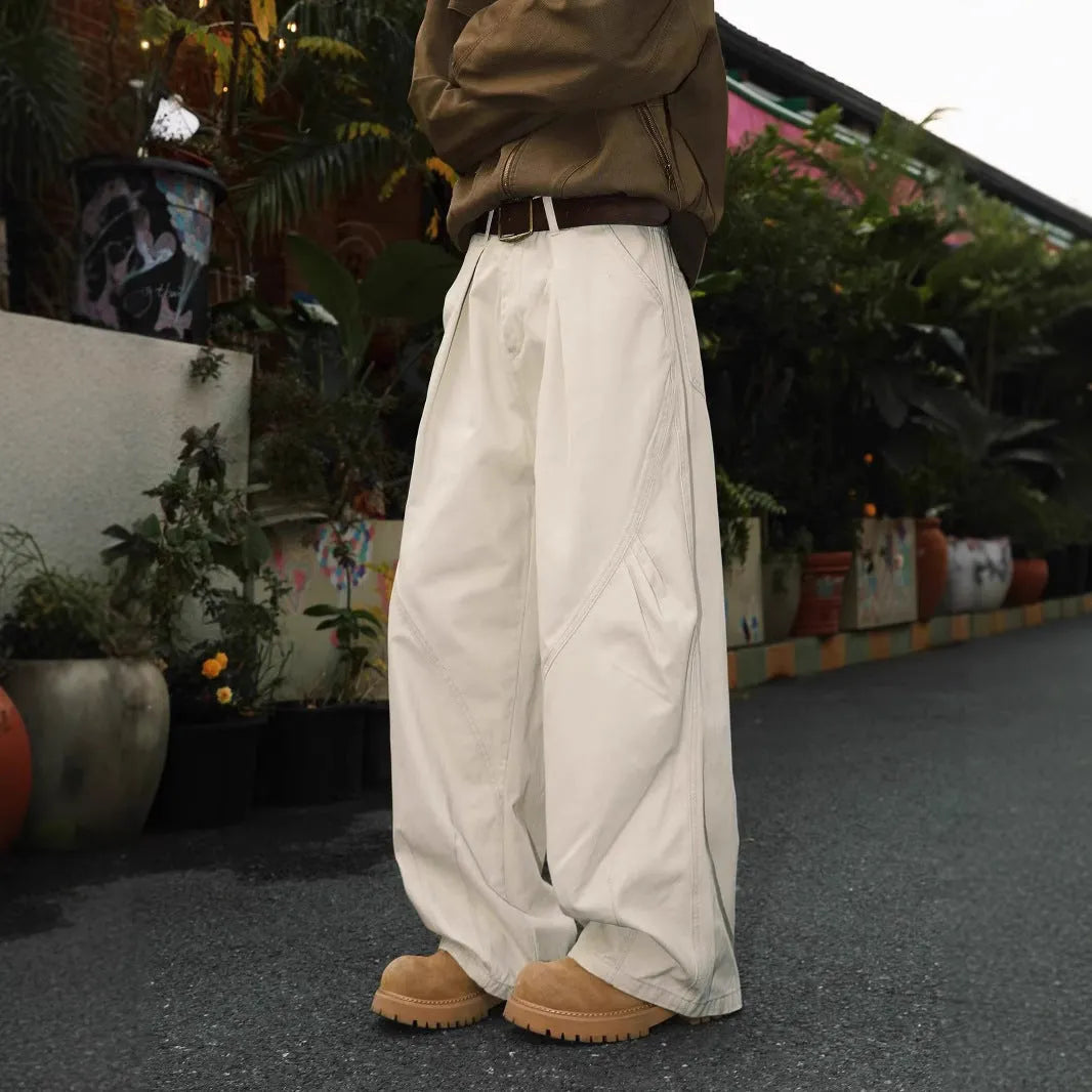 Men's pleated straight leg trousers in apricot colour with stripe pattern and loose fit design