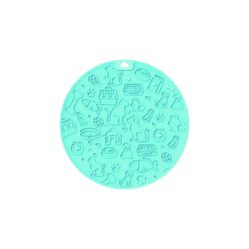 Round silicone pet licking mat with suction cups in blue, grey, mint, orange, and pink colours.