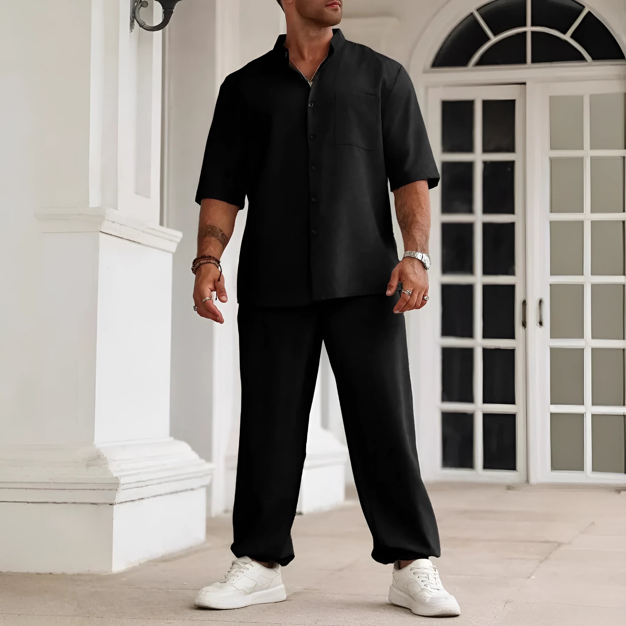 Men's apricot cotton linen casual short sleeve shirt and long trousers set on a hanger