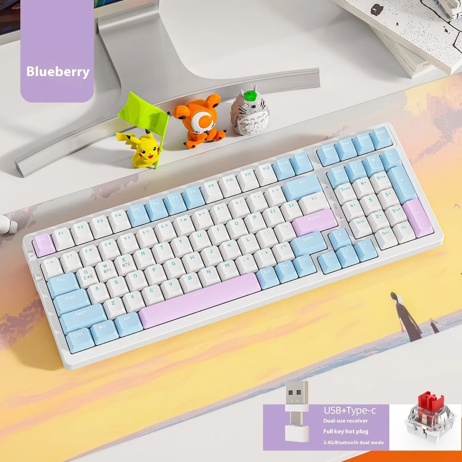 Free Wolf K96 wireless dual-mode mechanical keyboard in blueberry red switch version on a desk