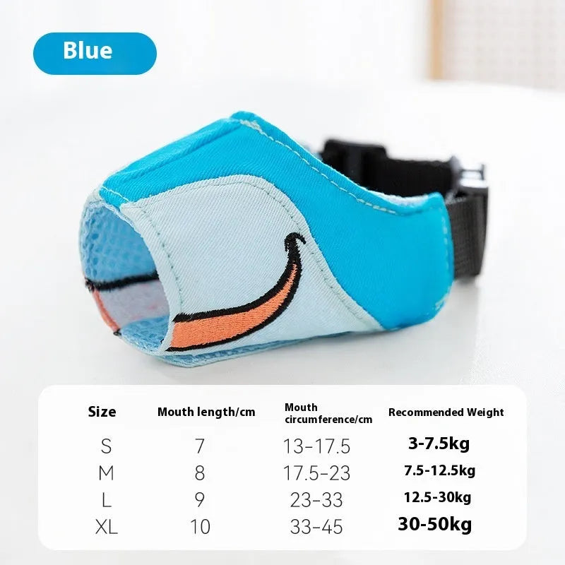 Canvas dog muzzle mouth cover in Ollie Brown Bear design showing size comparison for dogs 3kg to 50kg