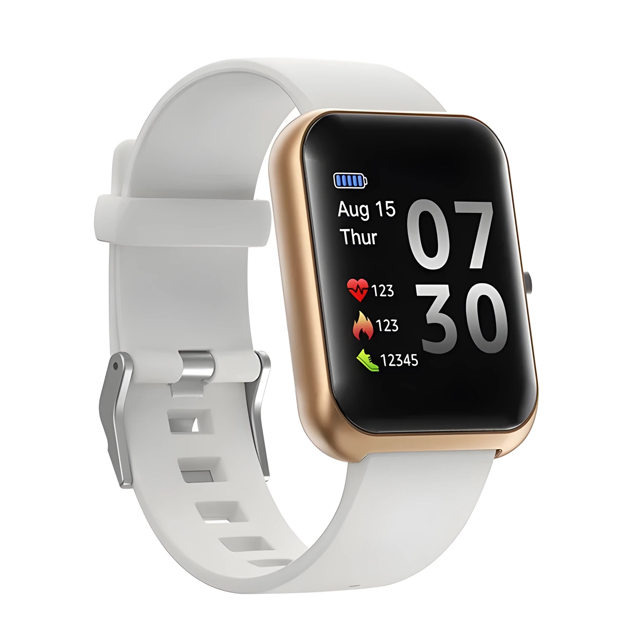 Square couple bracelet smartwatch with silicone strap and anodised aluminium metal case in multiple colours.