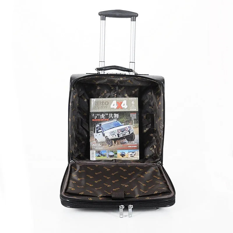 Black and brown 18 inch PU leather business case with airplane wheels and lock
