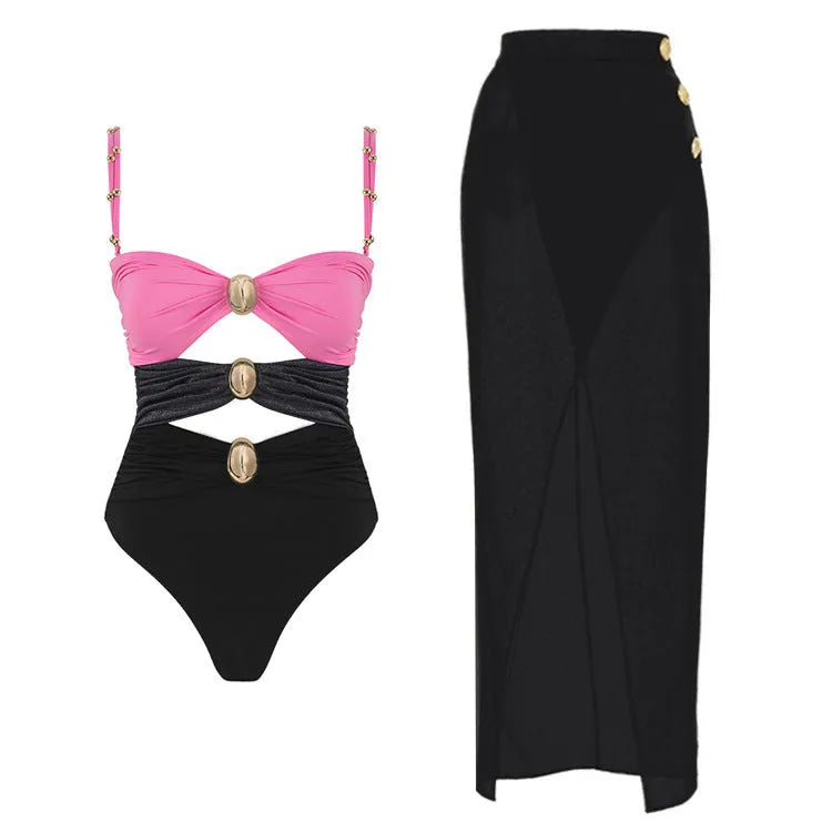 Women's solid colour one-piece swimsuit with gold buttons and matching skirt