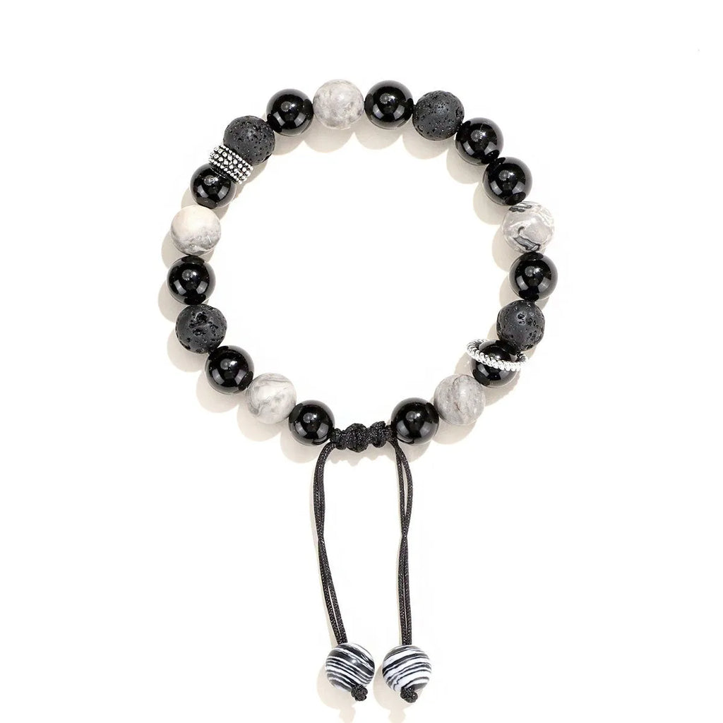 Black agate map stone volcanic rock bracelet with diamond beads in new Chinese style, shown in 10mm and 8mm widths.