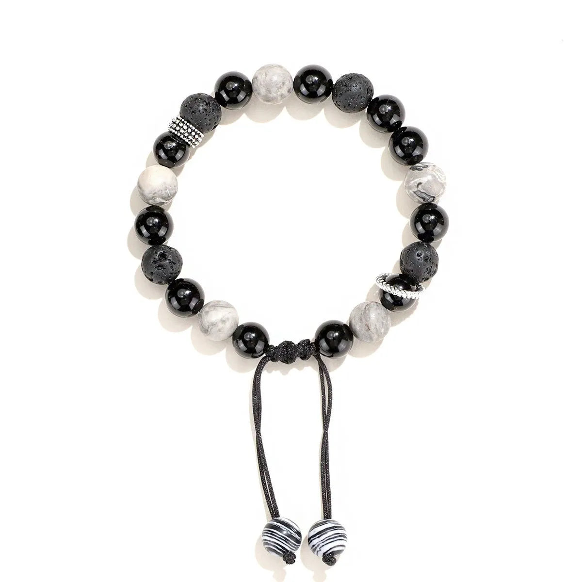 Black agate map stone volcanic rock bracelet with diamond beads in new Chinese style, shown in 10mm and 8mm widths.