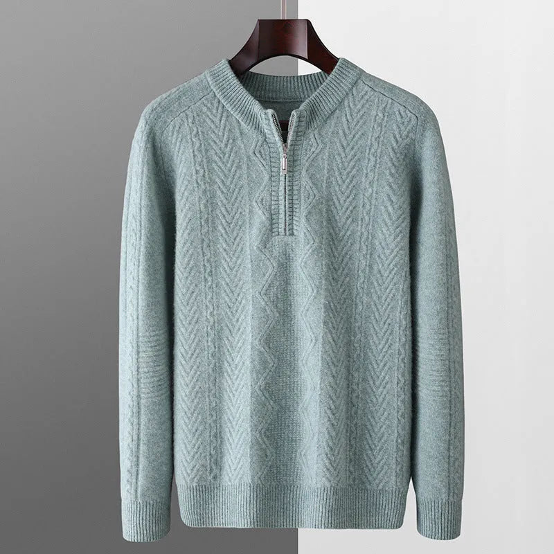 Men's pure wool half-zip sweater with diamond lattice pattern in milky white colour showing front view