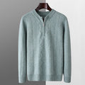 Men's pure wool half-zip sweater with diamond lattice pattern in milky white colour showing front view