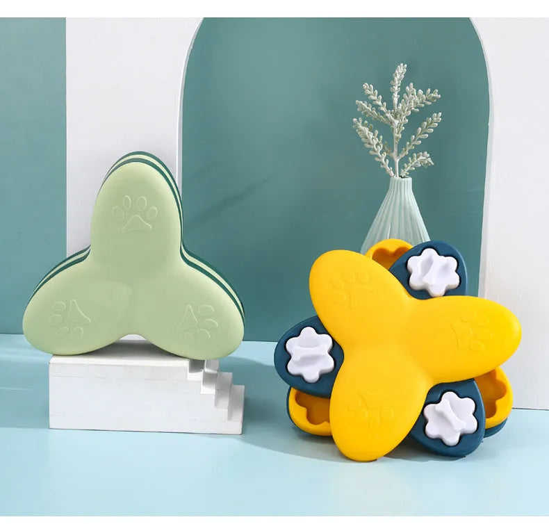 Green and yellow dog puzzle toy slow feeder with 9 compartments and bone-shaped covers