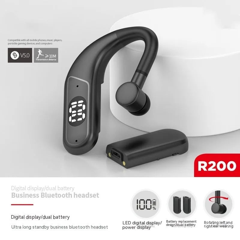 Black digital display ear hook sports headset with dual battery and in-ear fit