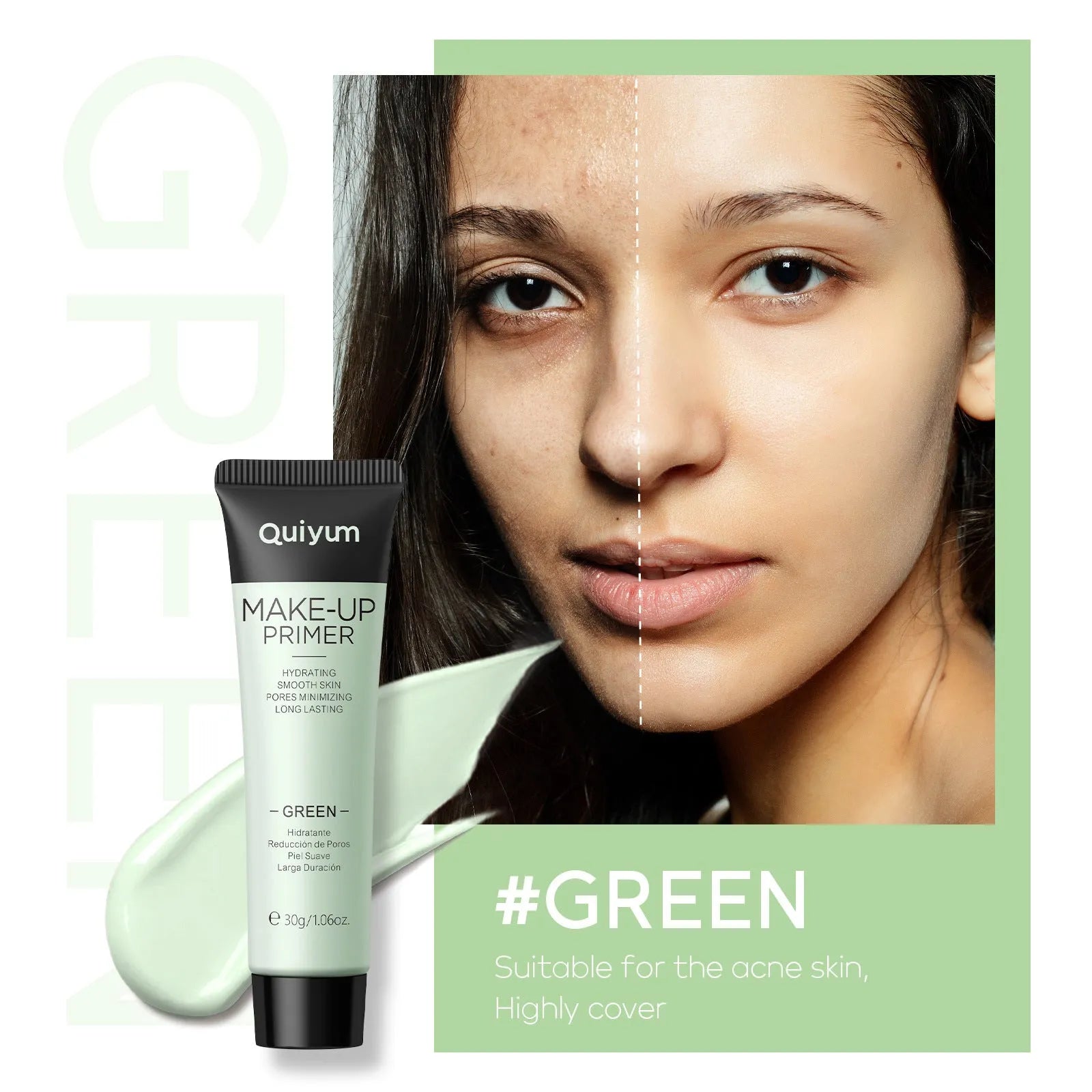30g moisturising colour-correcting makeup primer in purple, pink, and green shades in colour box packaging