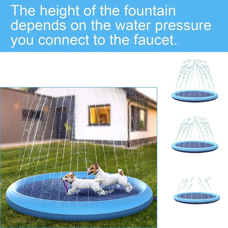 Large blue anti-slip dog splash pad pool with inflated sides in a garden.