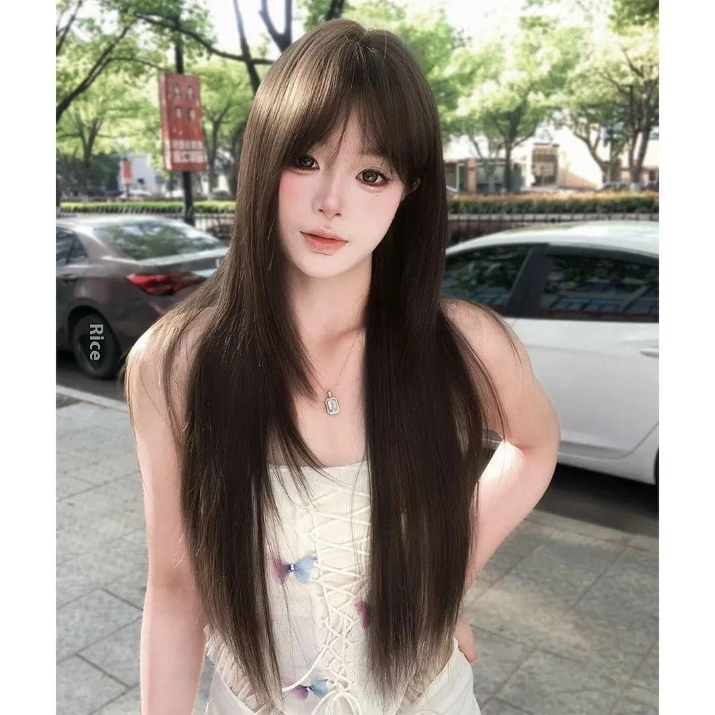 Brown black high-temperature fibre simulation wig for ladies on display
