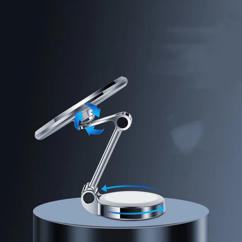 Car phone holder with adhesive magnetic mount and 360-degree rotating bracket in black or silver