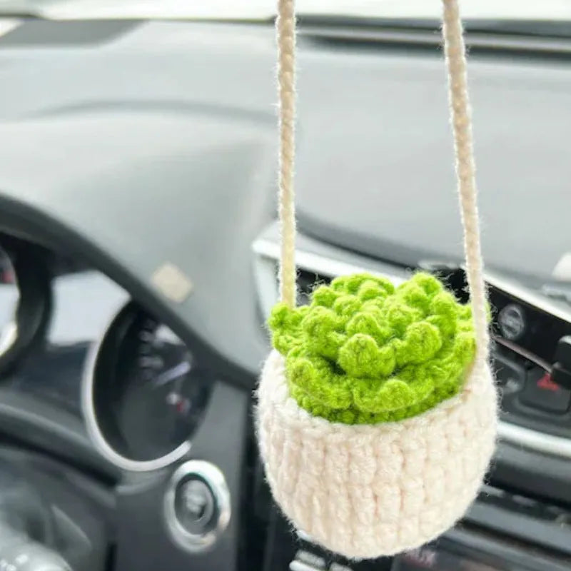 Green and white knitted wool car plant decoration with hanging rope on car dashboard