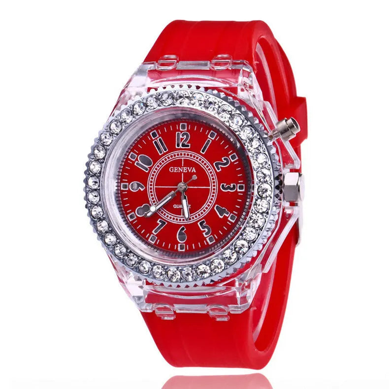 Women's LED luminous quartz watch with round 43mm dial on a silicone strap