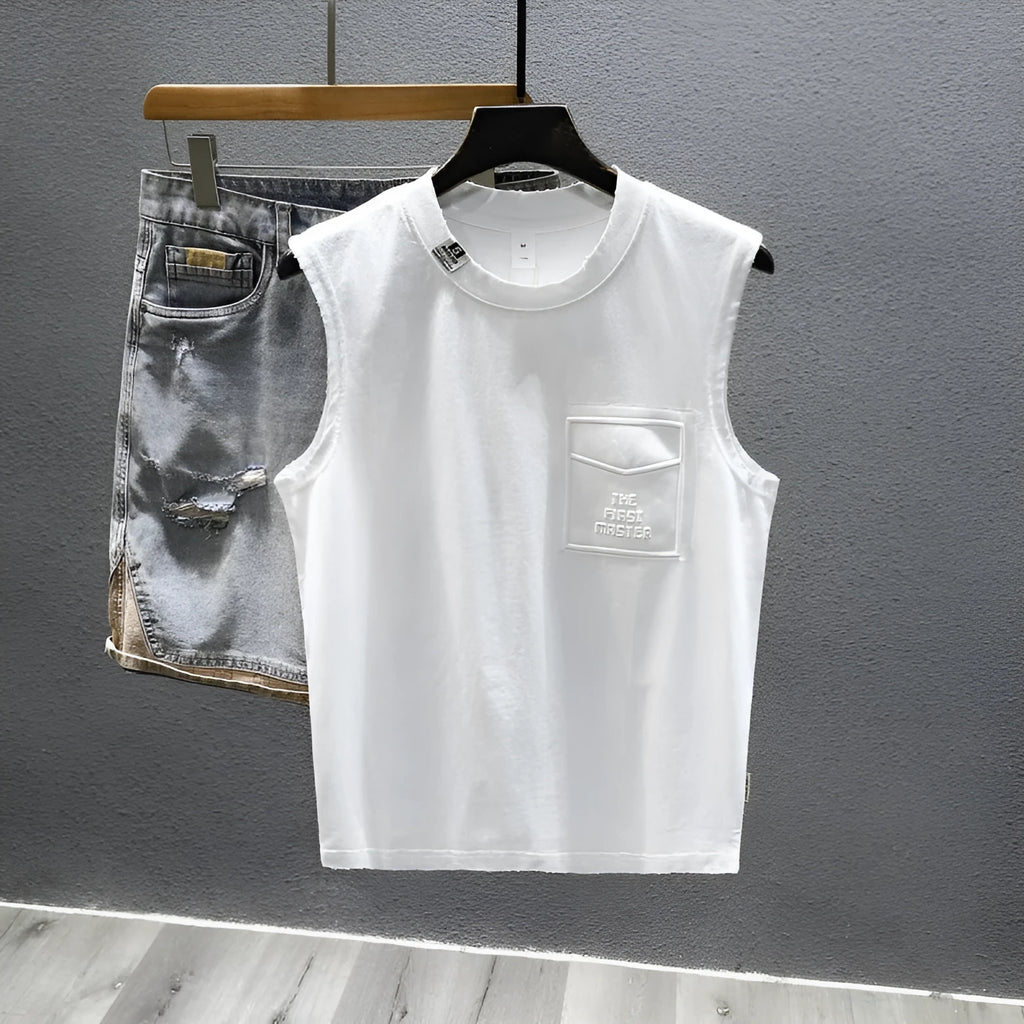 Men's solid colour cotton sleeveless t-shirt in loose fit, shown in white and black.