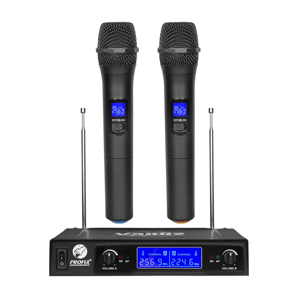 Black V-3002 wireless microphone set with two handheld dynamic mics and transmitter for KTV and stage use