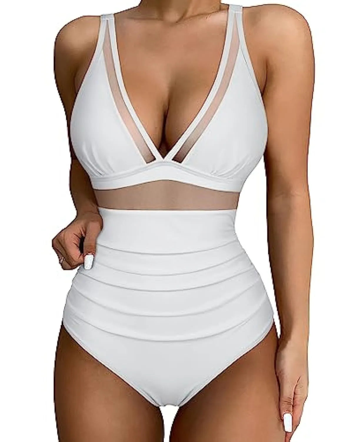 Women's high waist one-piece swimsuit in quick-drying polyester available in multiple colours and sizes