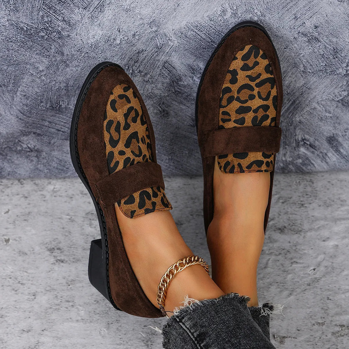 Leopard print slip-on suede pumps with chunky mid-heel in three colour options