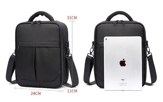 Black Oxford fabric men's shoulder messenger bag showing front and side profile.
