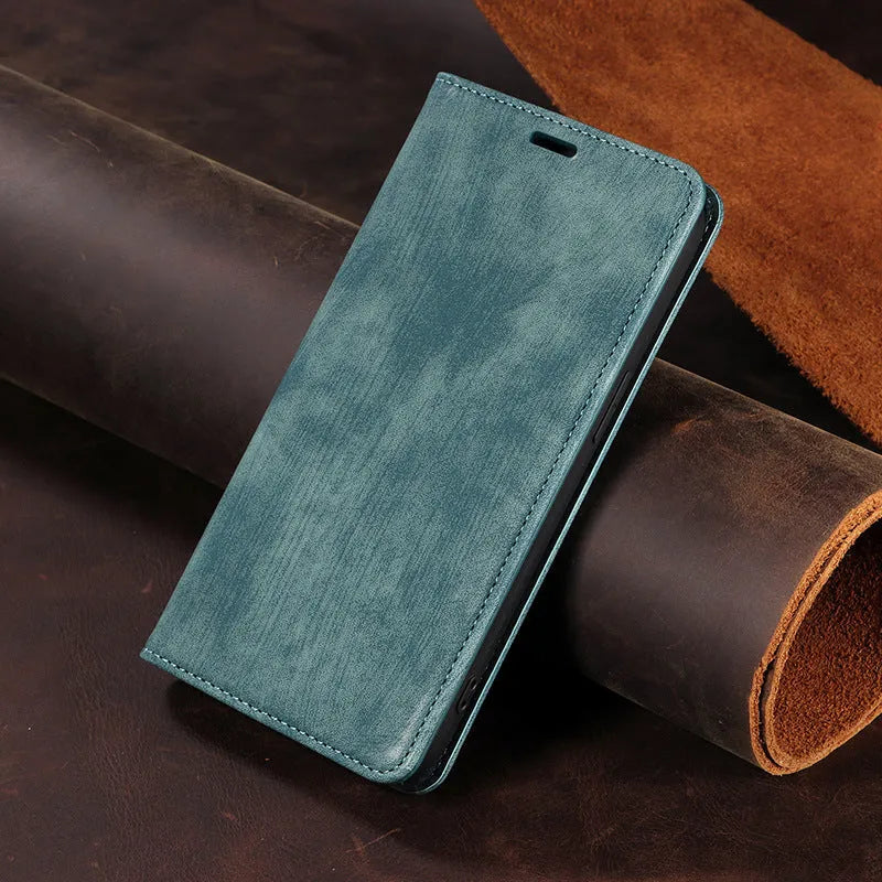 Magnetic leather and TPU flip phone case for iPhone shown in black, blue, and brown colours.