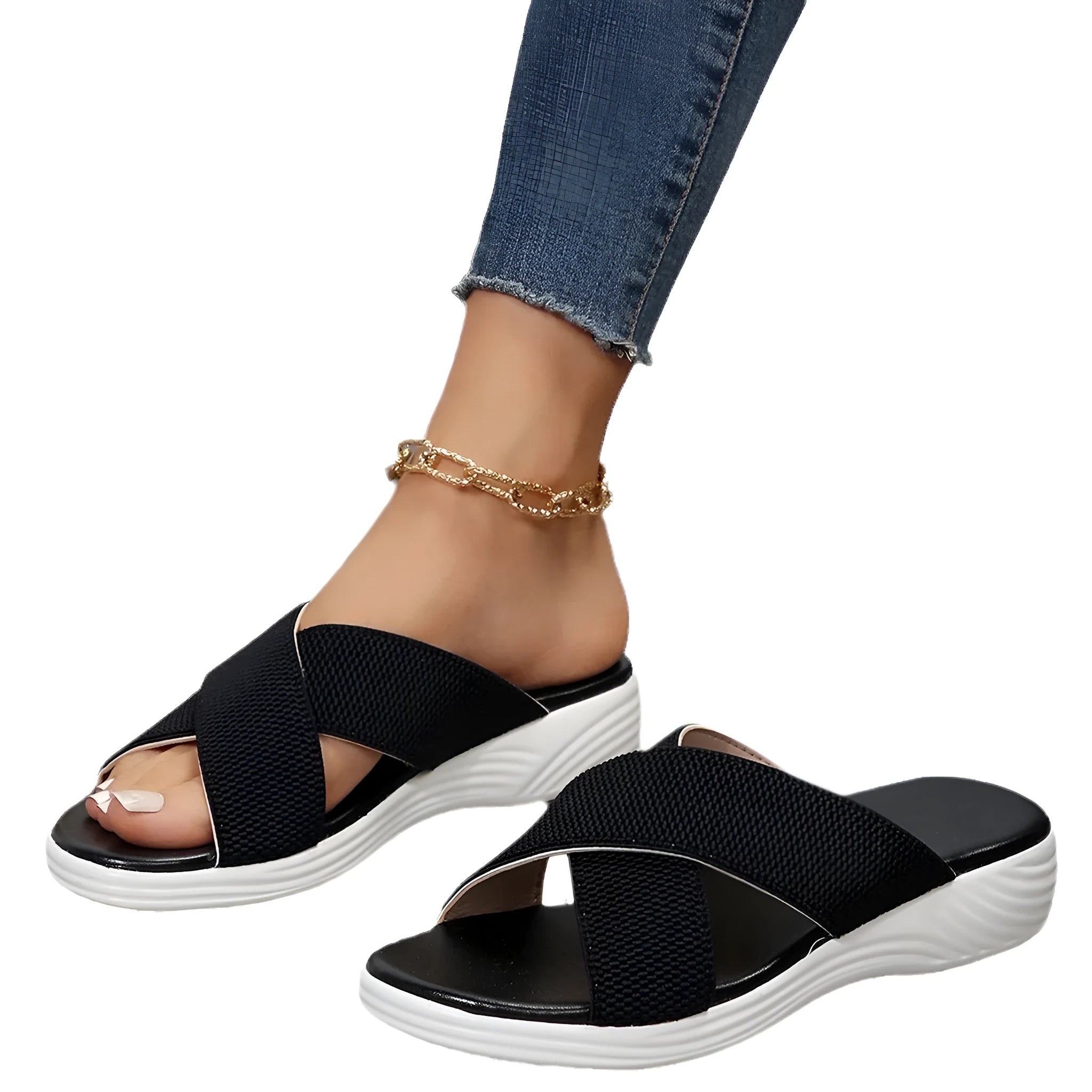 Women's black peep toe wedge slippers with a fish mouth design and thick rubber sole.