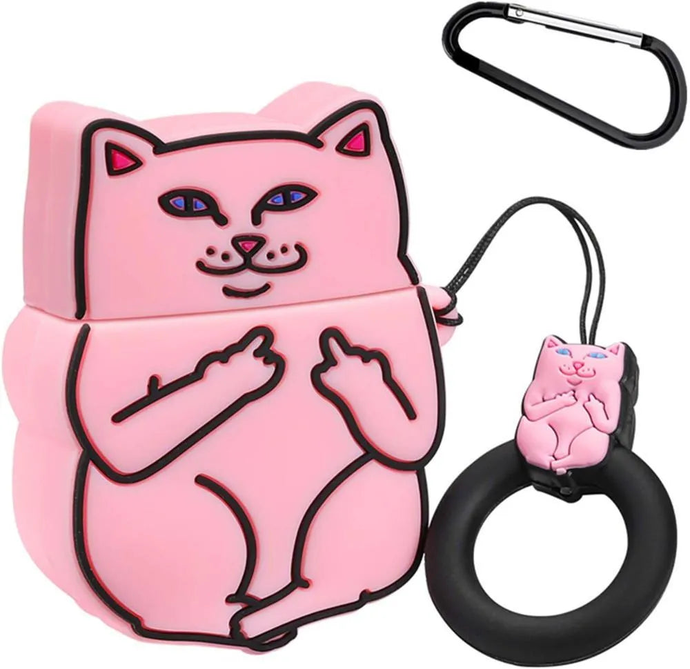 Silicone protective case for AirPods with cartoon animal designs including avocado and black cat styles