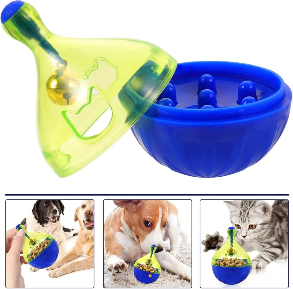 Blue tumbler-shaped pet treat dispenser toy for small and medium dogs and cats