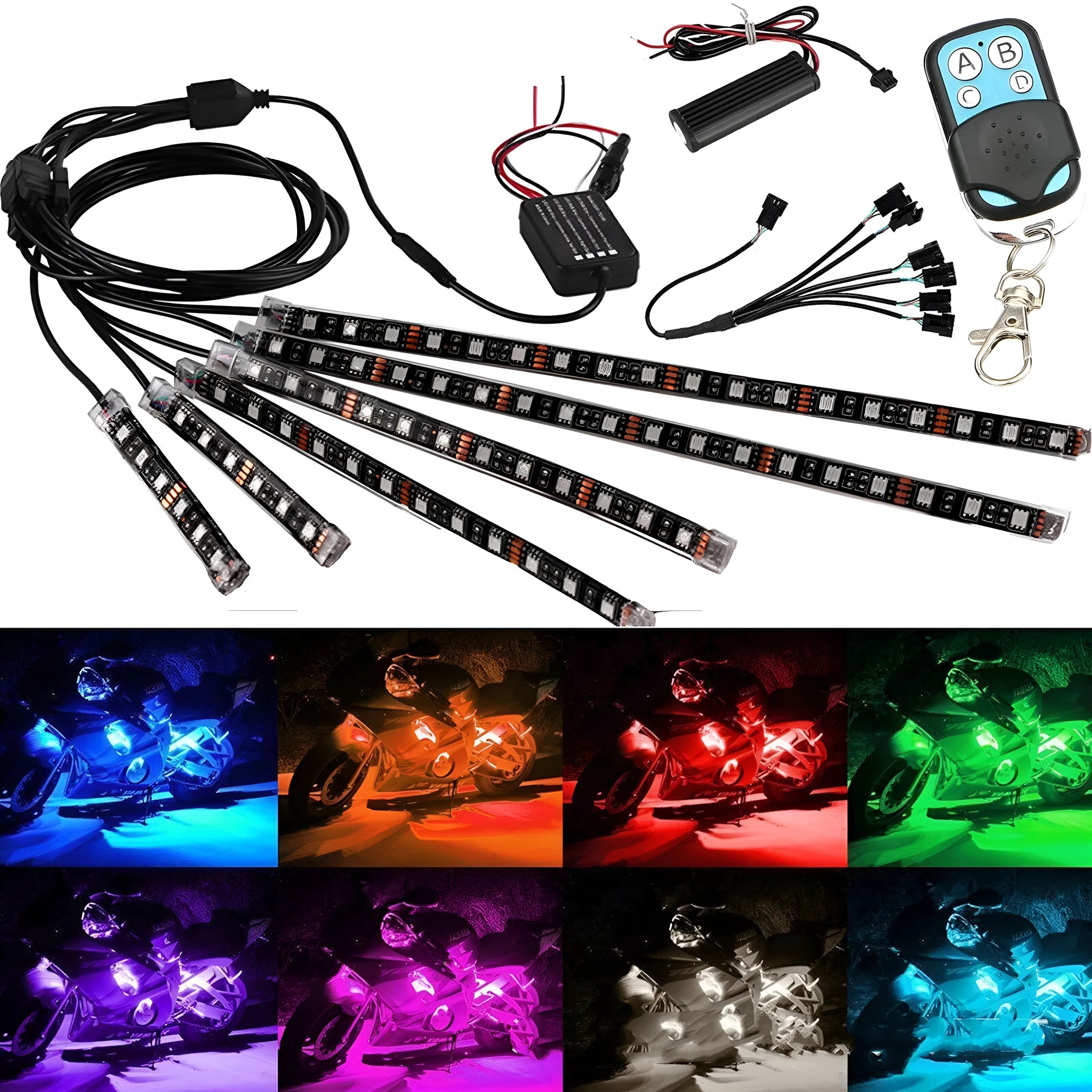 RGB LED vehicle atmosphere light bar with wireless remote control on black silicone housing
