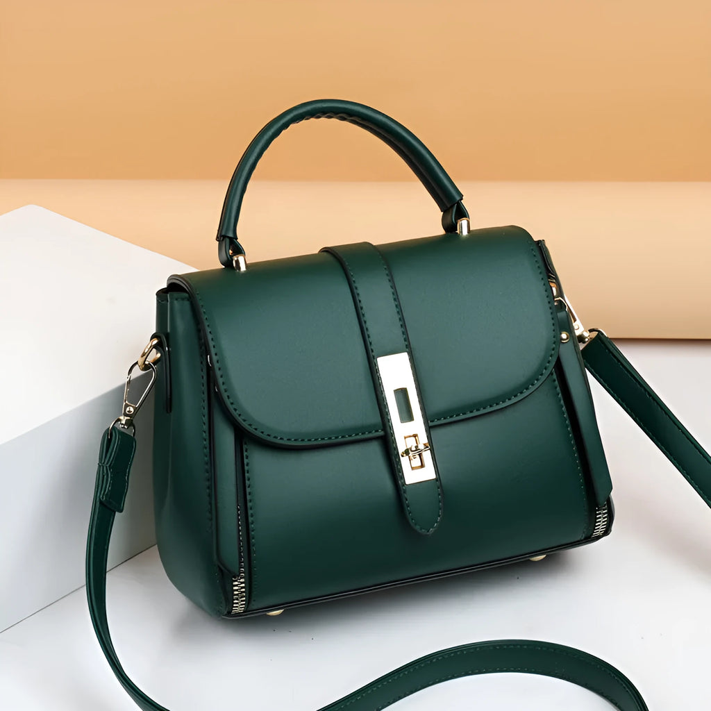 Soft PU leather women's messenger shoulder bag in square vertical shape, shown in one of four colours.