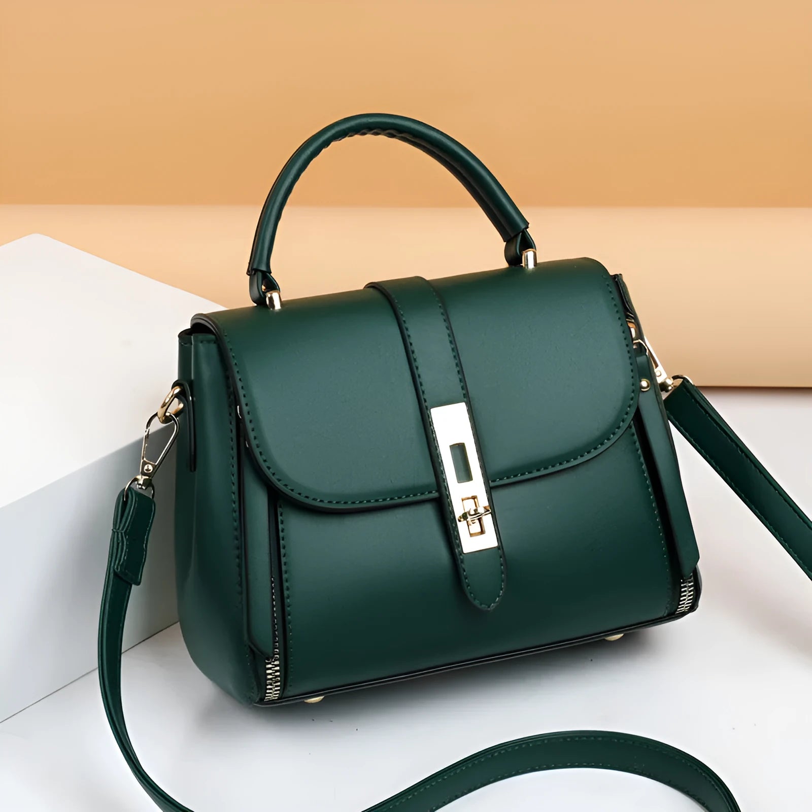 Soft PU leather women's messenger shoulder bag in square vertical shape, shown in one of four colours.