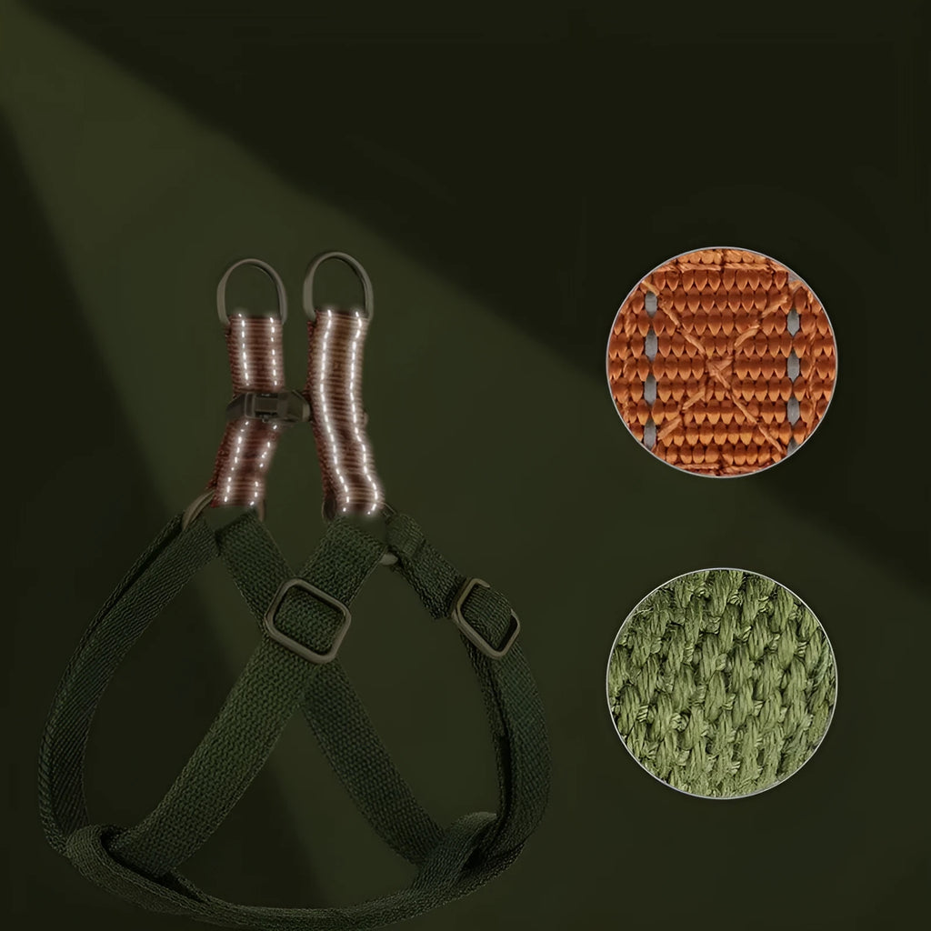 Brown vest-style dog harness on small dog showing cotton belt material and alloy fastener