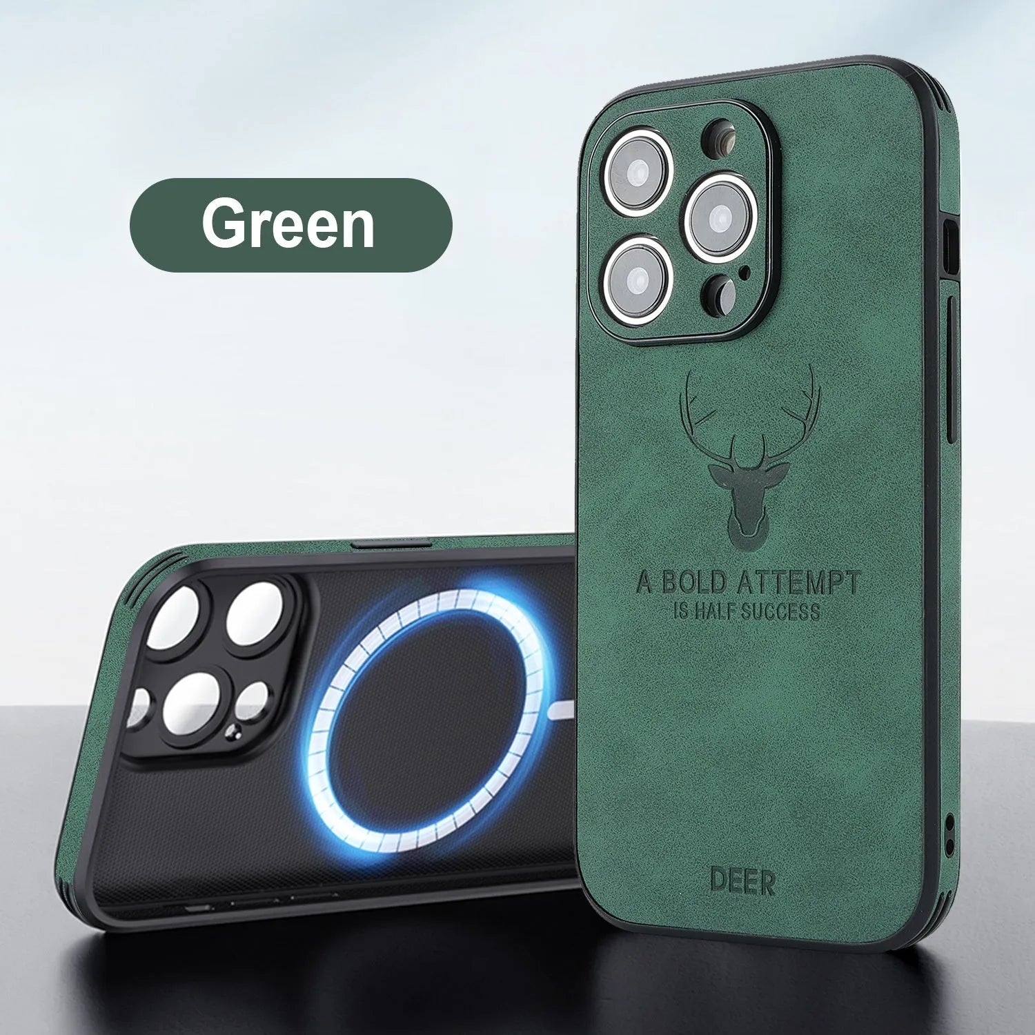 Magnetic charging iPhone 16 case with embossed moose head design in imitation leather material