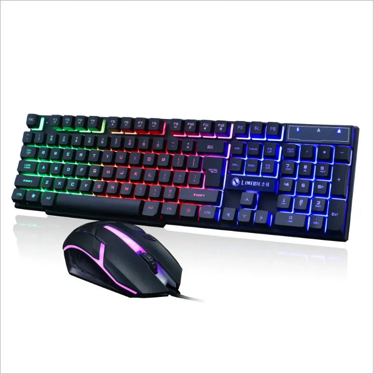 Limei GTX300 mechanical keyboard and mouse set with backlit keys on desktop